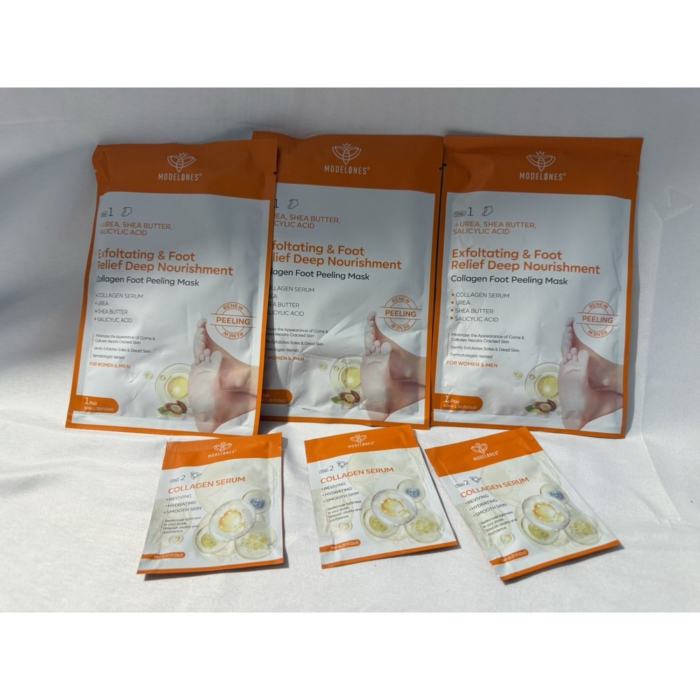 Modelones Collagen Foot Peeling Mask Lot of 3 With Serum New